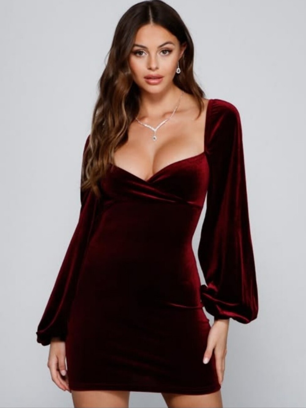 Windsor Chic Glamour Velvet Mini Dress Sz Small Balloon Long Sleeve Burgundy